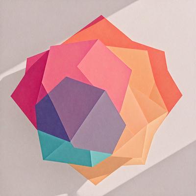 The primary subject of the image is a colorful geometric shape, which appears to be a three-dimensional model or a paper cutout. The shape is made up of various colors, including pink, purple, orange, and yellow. The setting is a white wall, which serves as a clean and uncluttered background for the vibrant geometric shape. The visual style of the image is a combination of digital art and illustration, as the geometric shape is both intricate and visually appealing. The overall atmosphere of the image is lively and cheerful, thanks to the bright colors and the playful arrangement of the geometric shape.